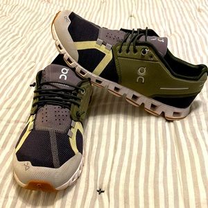 On Cloud lightly used.   Olive green, purple and light yellow